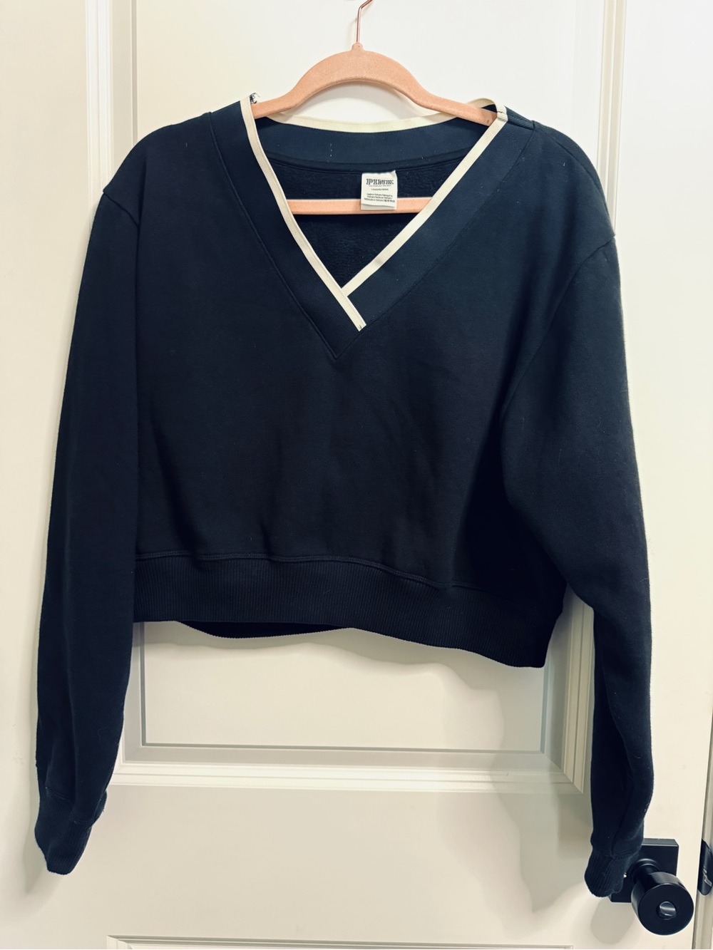 PINK Victoria's Secret Black Cropped V-Neck Sweatshirt with white Trim